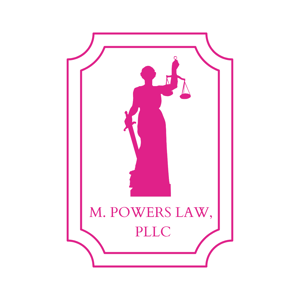 M. Powers Law Logo Lady Justice in Barbie Pink Holding a scale and sword